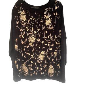 Lane Bryant Womens Plus Sz 18/20 Black Sweater Gold Embroidered Flowers Holiday